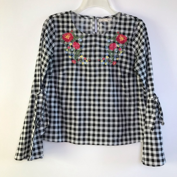 Rebellion Tops - Rebellion Plaid gingham Flare Sleeves Blouse